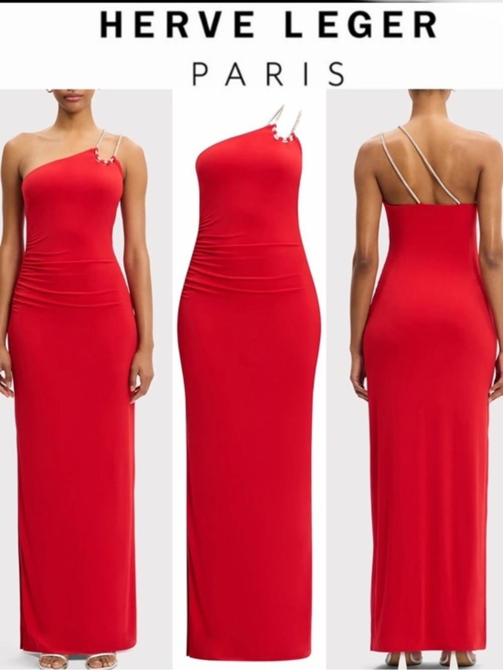 THE GENEVIEVE GOWN RED ONE-SHOULDER CRYSTAL CHAIN-STRAP  EVENING DRESS XL $590